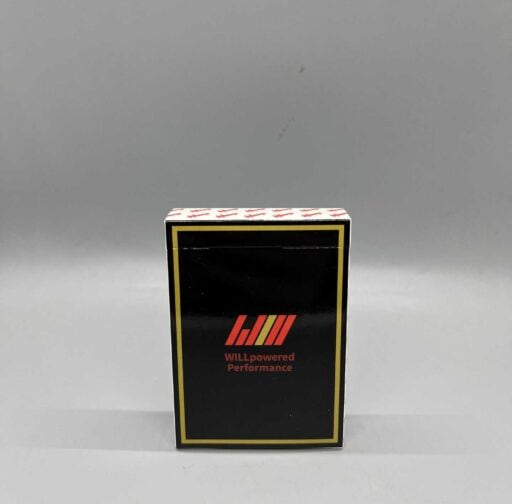 WILLpowered Performance branded packaging box, highlighting high-performance automotive products, modern black and red design.
