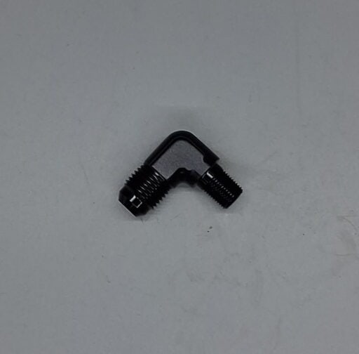 Black 6 AN hose fitting with straight connectors for hydraulic or fluid transfer applications.