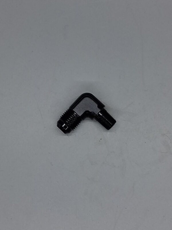 Black 6 AN hose fitting with straight connectors for hydraulic or fluid transfer applications.