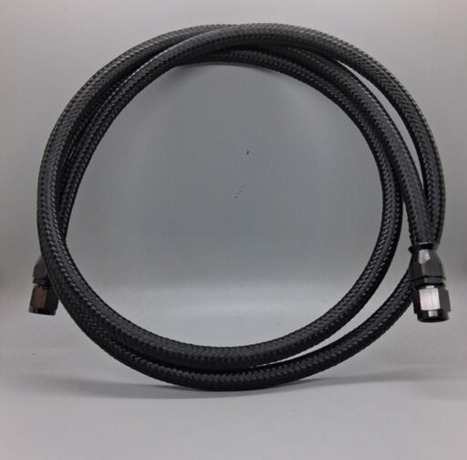 High-quality 6-foot black hose with straight fittings, ideal for automotive and performance applications. Designed for durability and reliable fluid transfer in Willpowered Performance setups.