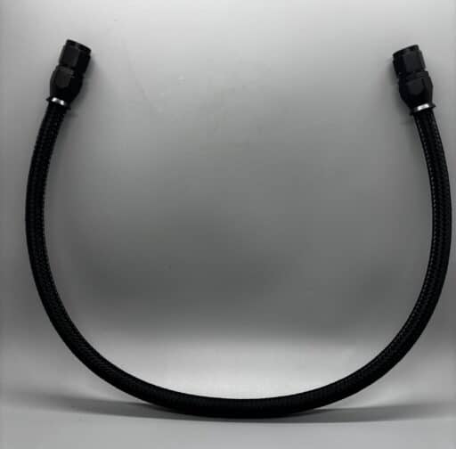 2ft black hose with straight fittings for hydraulic or pneumatic applications, flexible and durable for performance use.