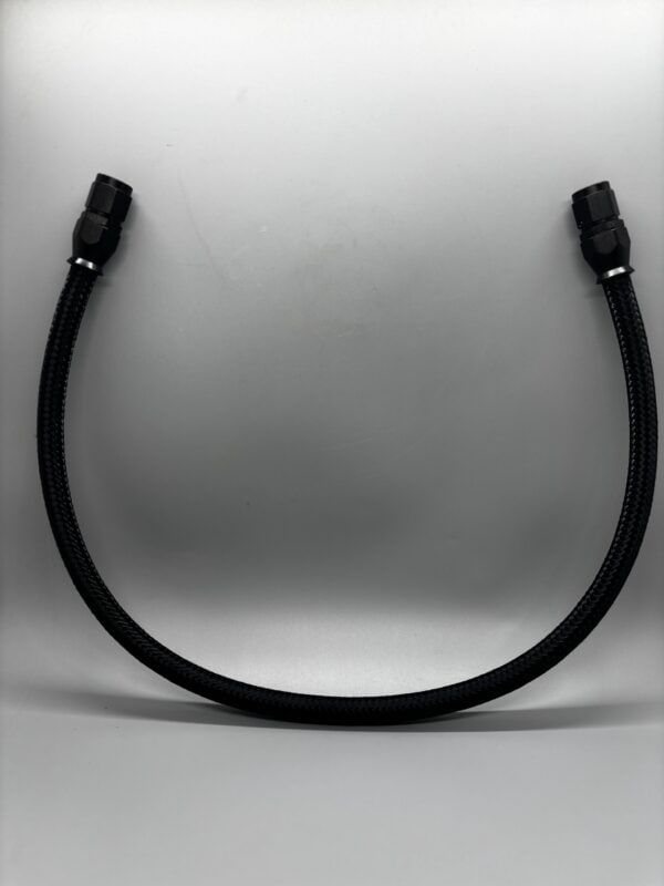 2ft black hose with straight fittings for hydraulic or pneumatic applications, flexible and durable for performance use.
