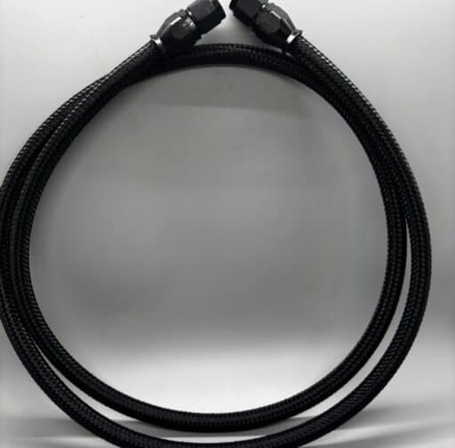 4ft black hose with straight fittings for hydraulic or industrial use, flexible and durable, suitable for high-pressure applications.