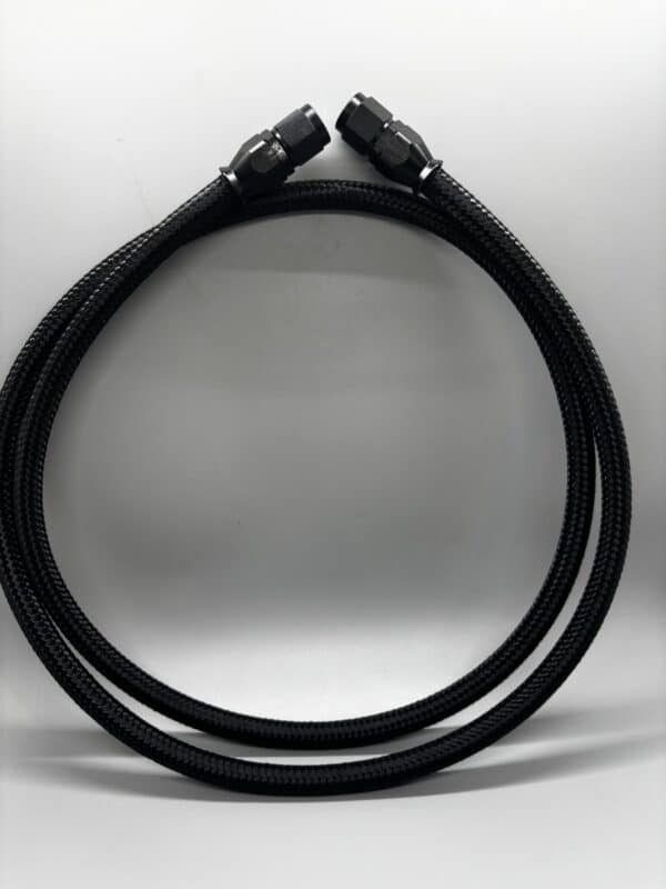 4ft black hose with straight fittings for hydraulic or industrial use, flexible and durable, suitable for high-pressure applications.